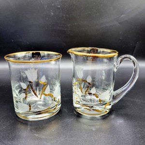 Elegant Pressed Glass Creamer & Open Sugar Bowl With Flowers And Gold Accents 4"